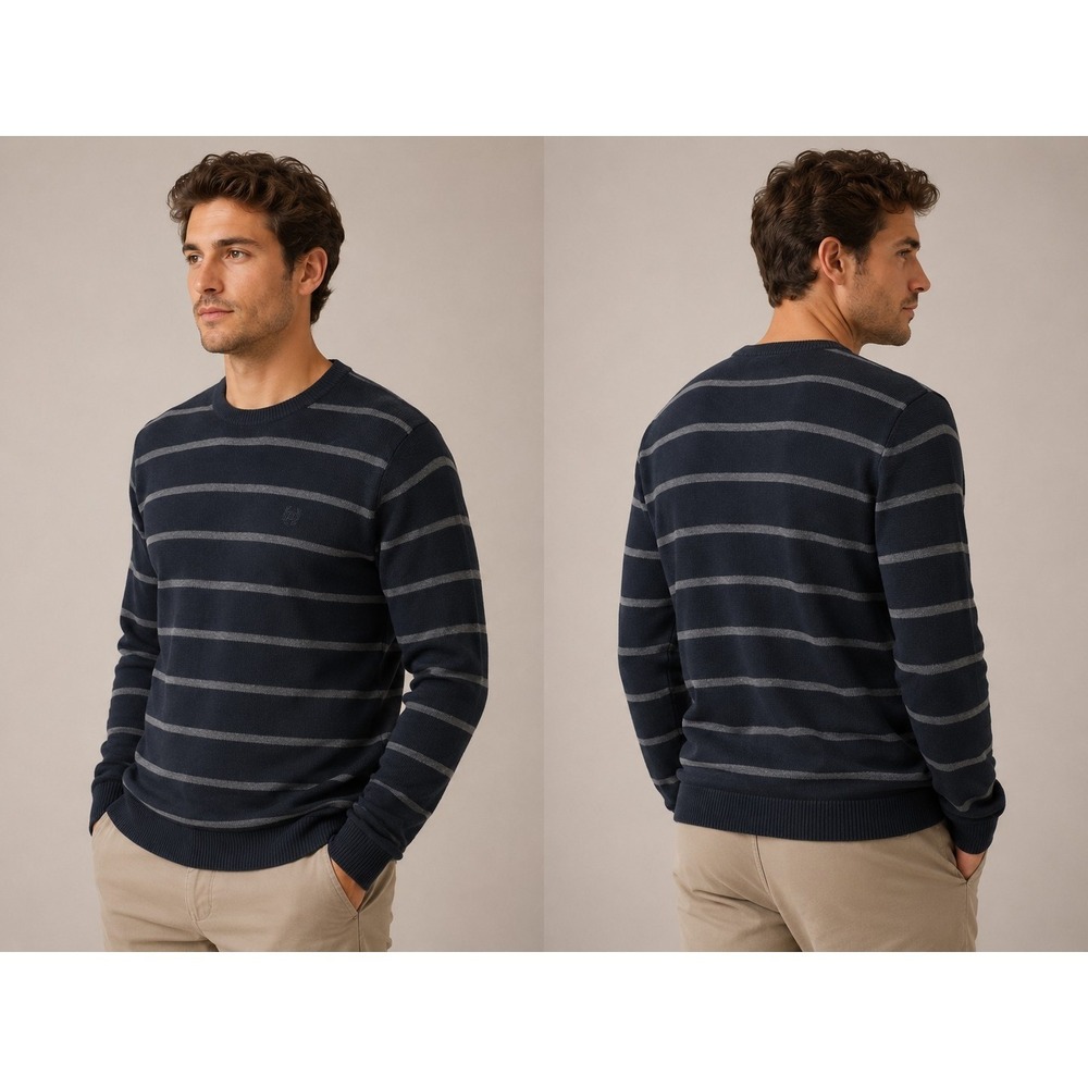 Chaps Mens Large Black Gray Striped Crewneck Sweater Cotton Pullover